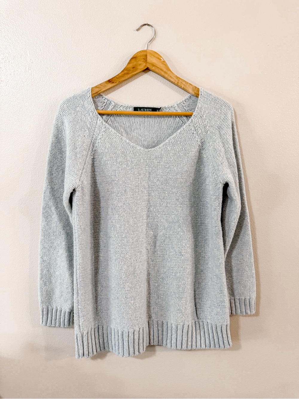 Lauren Ralph Lauren | V Neck Light Blue Cotton Blend Sweater